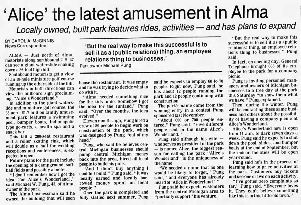 Sept 3 1984 opening article Alice's Wonderland, Alma